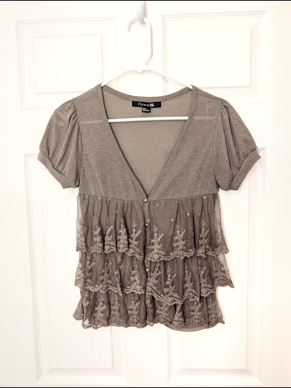 Forever 21 Taupe Layered Lace V-Neck Short Sleeve Cardigan